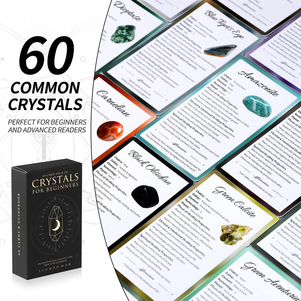 Lionpower crystal meaning on card highlights chakra, zodiac, and element links.