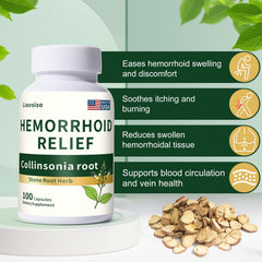 Liovsiso hemorrhoid relief capsules closeup highlighting non-GMO herbal formula for daily use