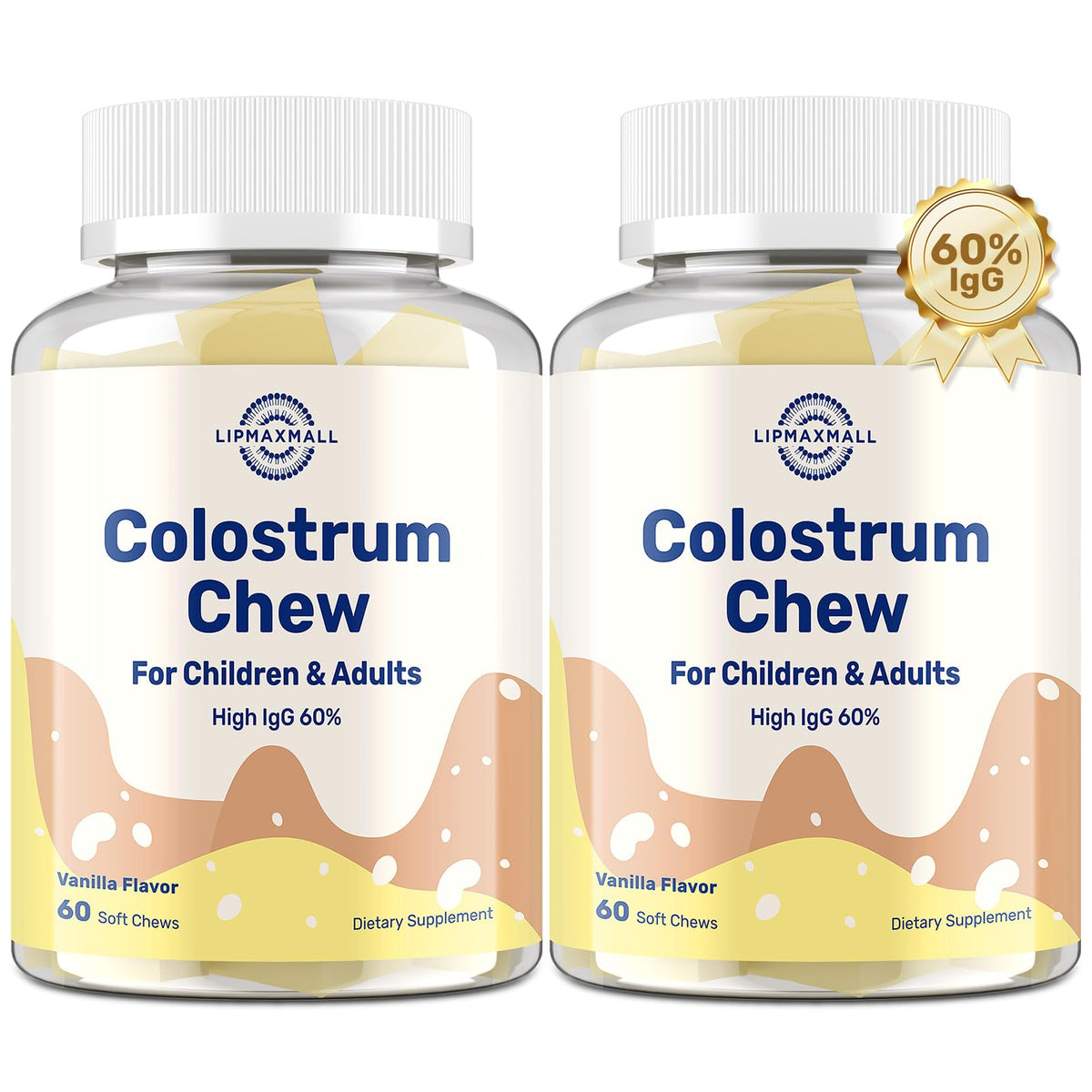 Lipmaxmall bovine colostrum chews vanilla packshot for daily immune and gut support.
