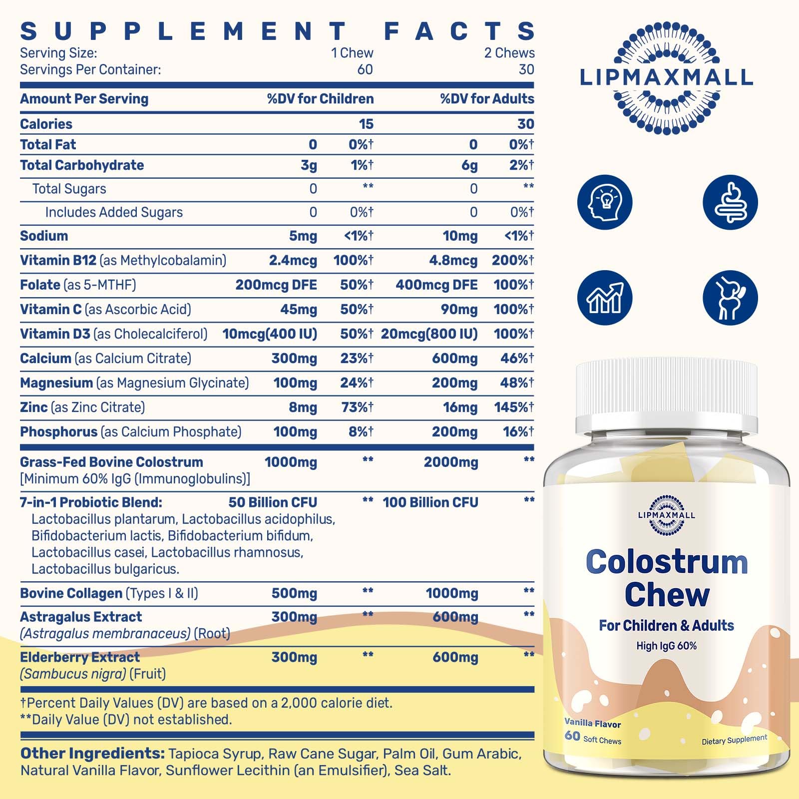 LipmaxMall colostrum chews vanilla bottle on shelf for easy use