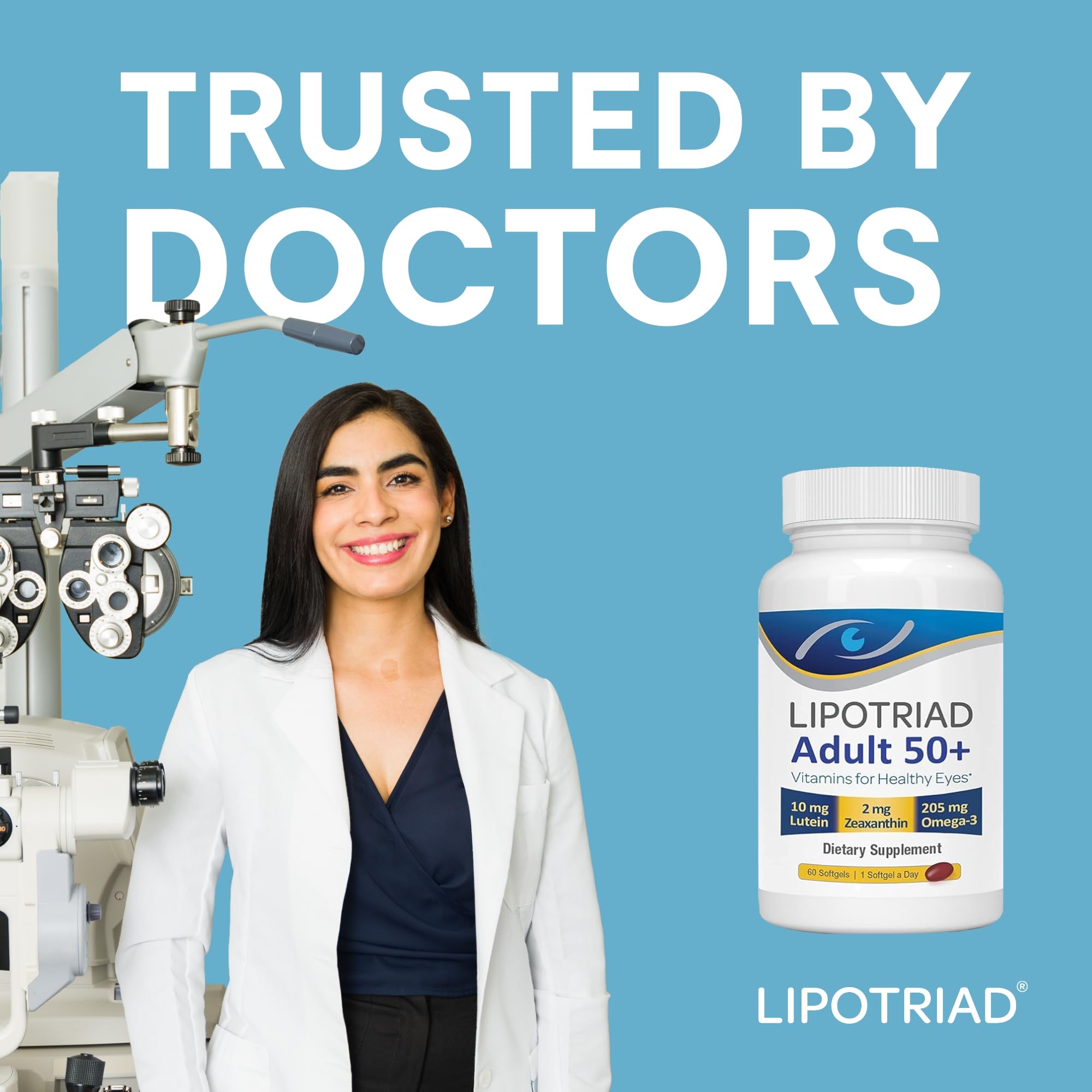 Lipotriad no-dyes badge on packaging communicates dye-free formula.