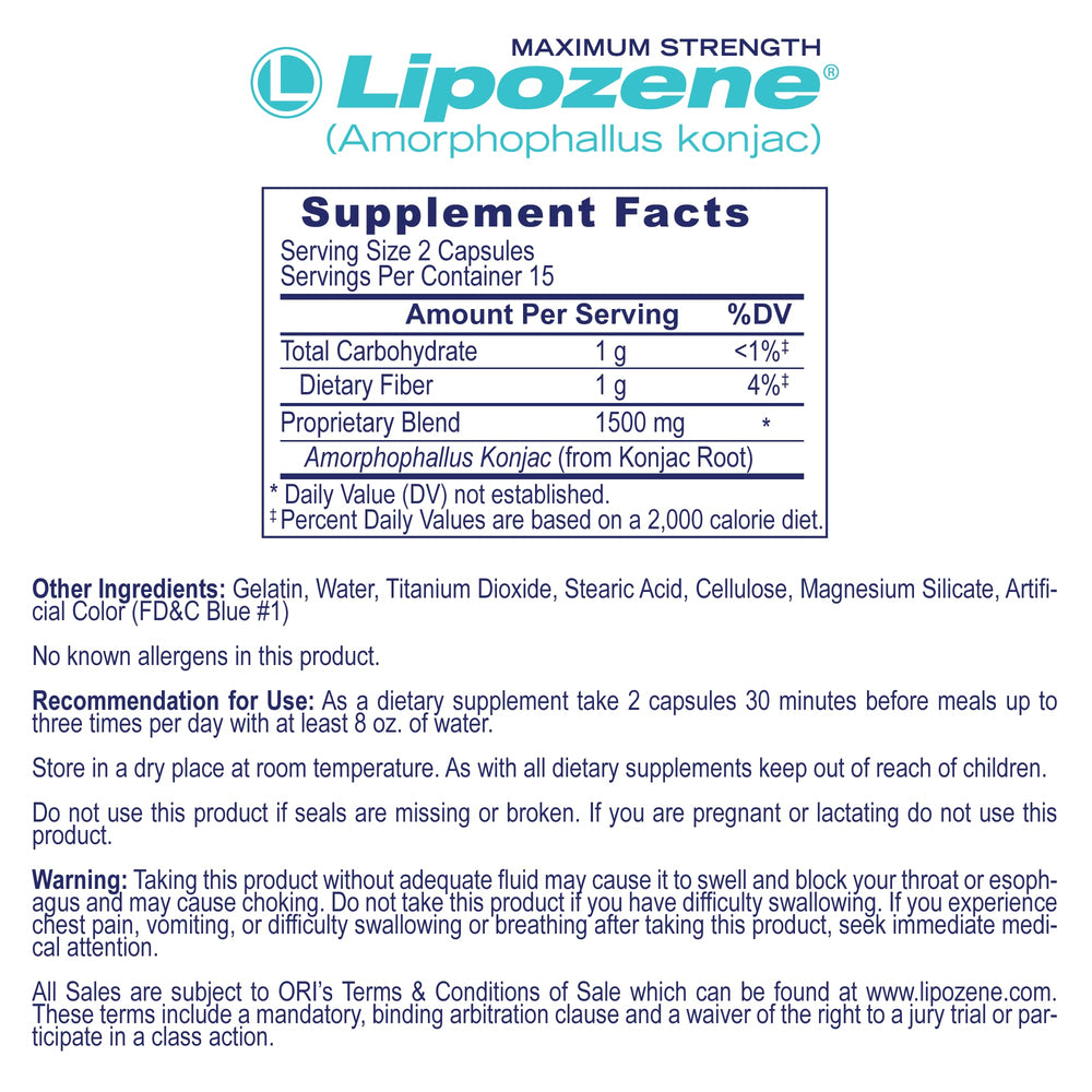 Lipozene capsules close-up; fiber-rich formula supports fullness.