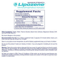 Lipozene capsules close-up; fiber-rich formula supports fullness.