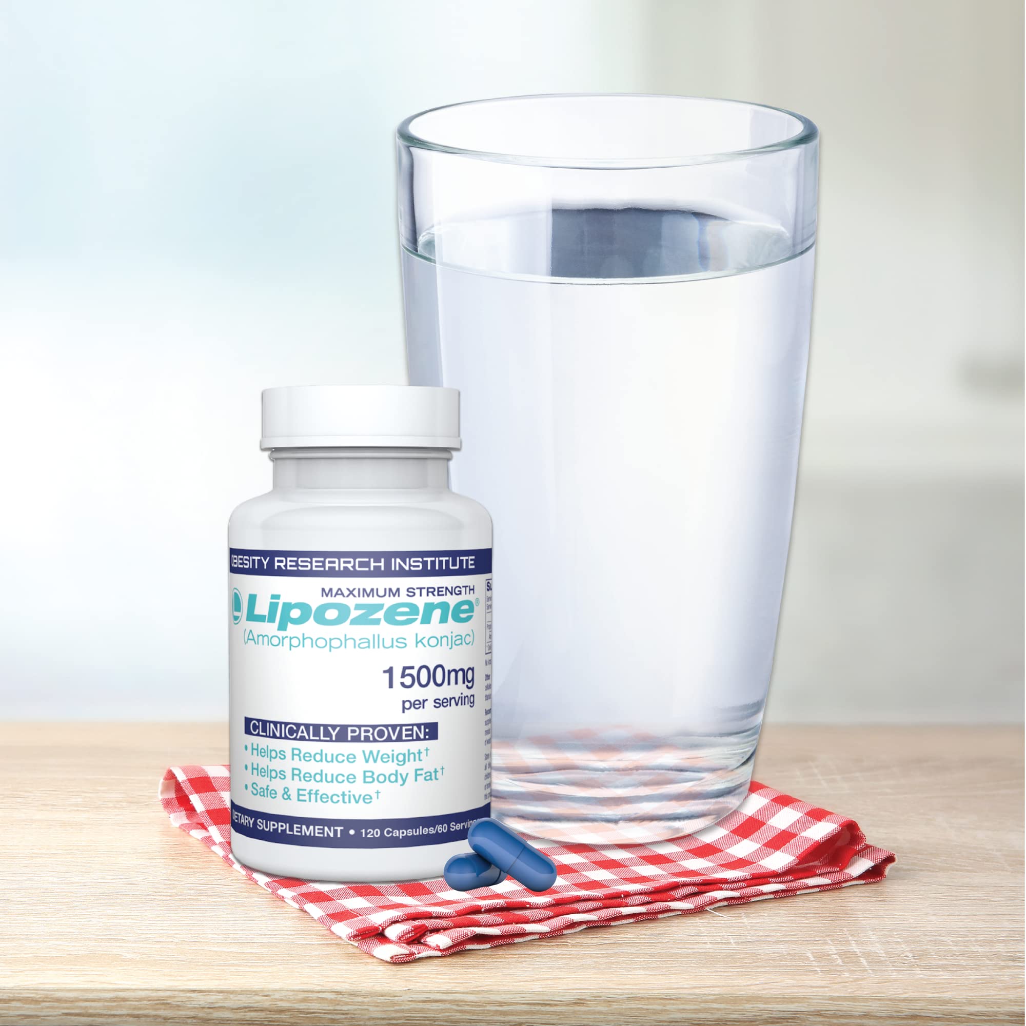 Lipozene capsules on a white surface suggest simple, stimulant-free support for fullness.