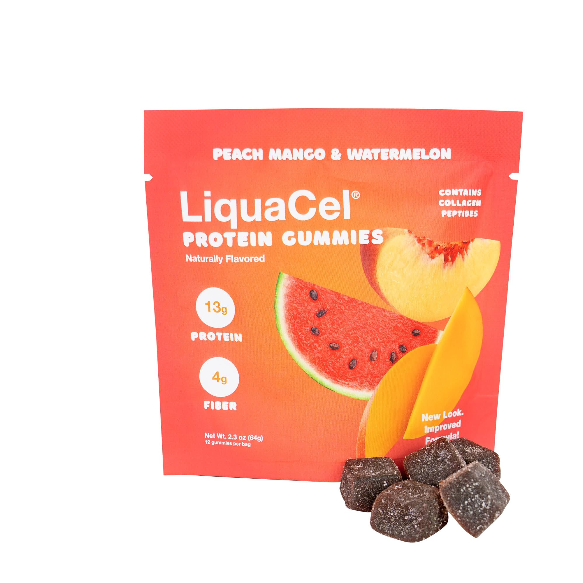LiquaCel Protein Gummies in a bag featuring Watermelon and Peach Mango flavor, a convenient protein snack.