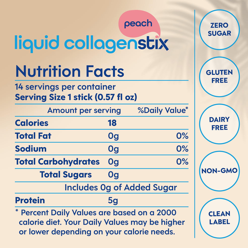 Liquid Collagen Stix grass-fed bovine ingredients label emphasizing quality.