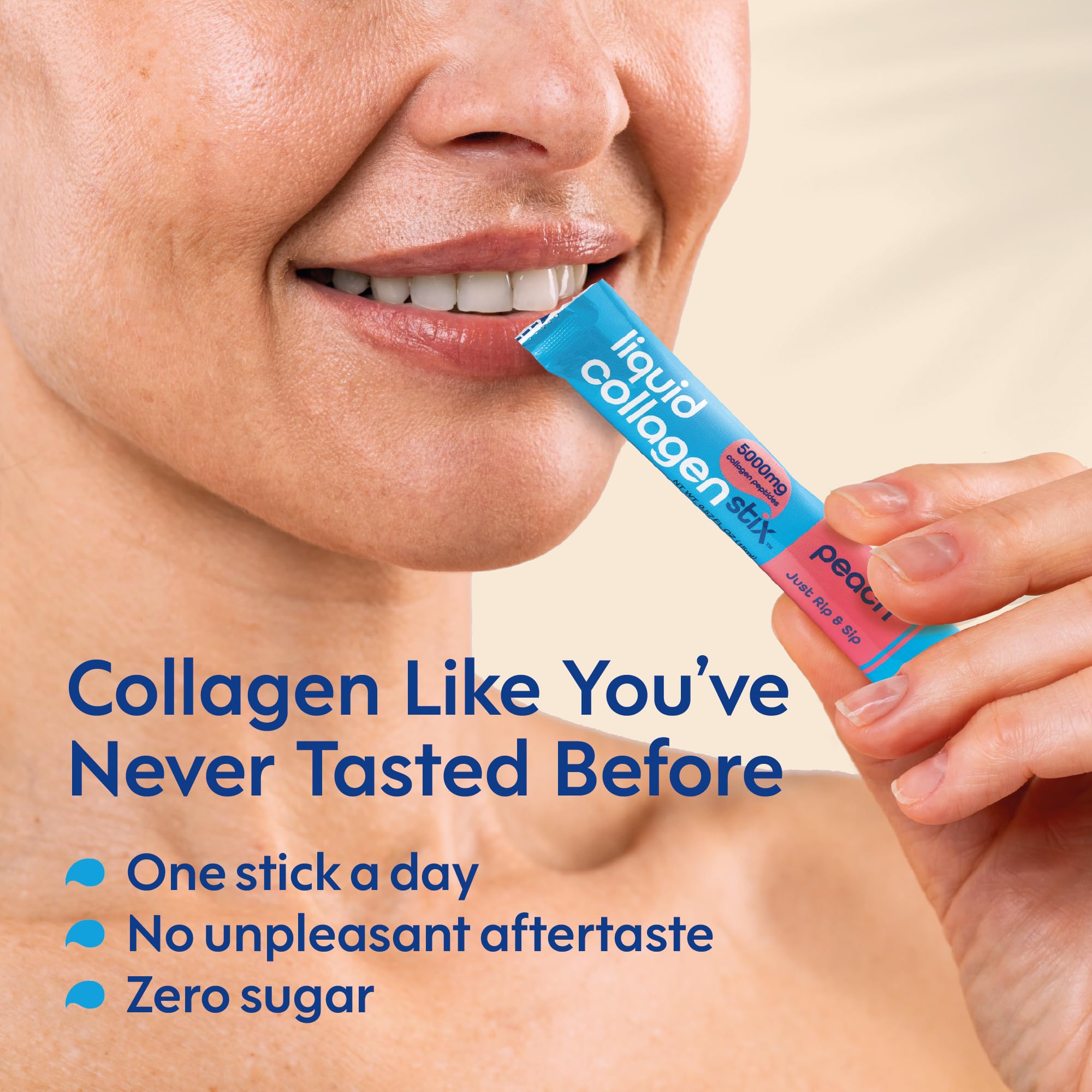 Liquid Collagen Stix hand-held pack highlighting portable, travel-friendly packaging.