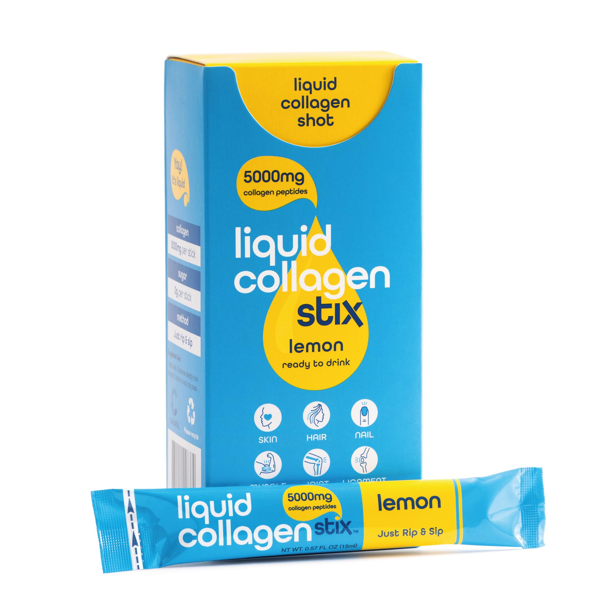 Liquid Collagen Stix lemon bottle on shelf for easy daily skin and hair support.