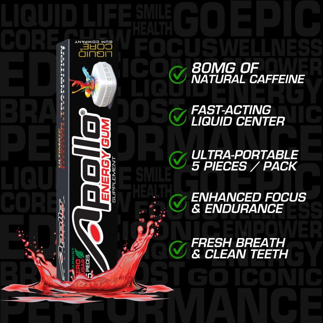 Liquid Core Apollo gum close-up reveals mint shell and liquid caffeine center.