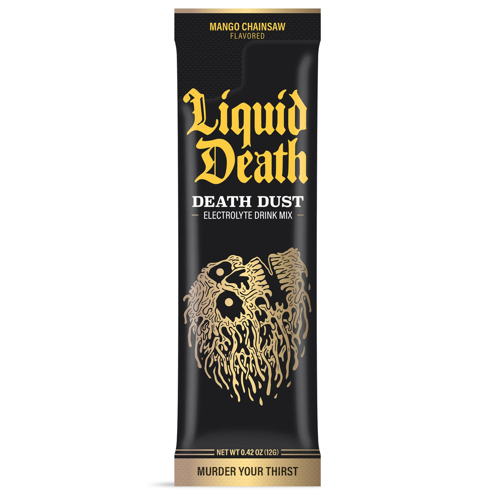 Liquid Death Death Dust powder dissolving for mango flavor during hydration.
