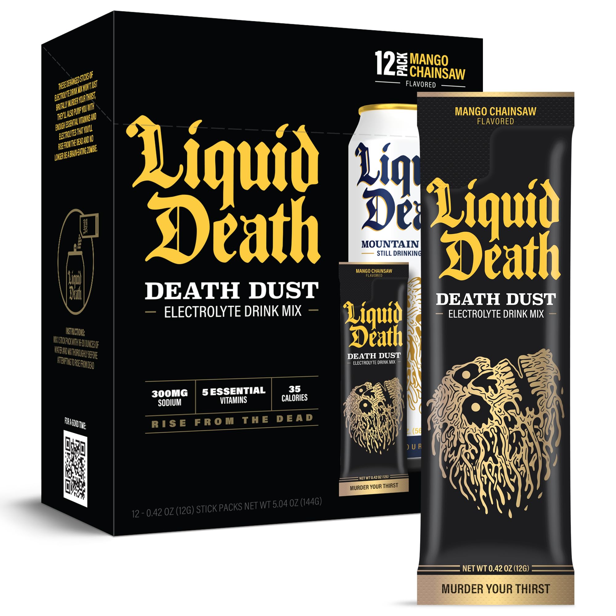 Liquid Death Mango Death Dust packet for on-the-go hydration and flavor boost.