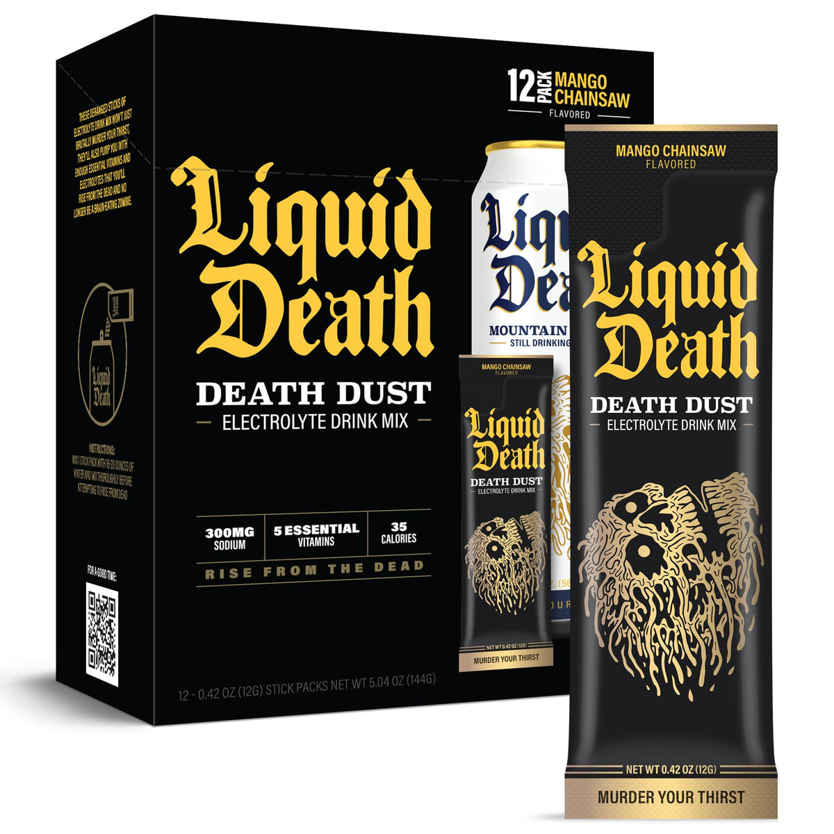 Liquid Death Mango Death Dust packet for on-the-go hydration and flavor boost.