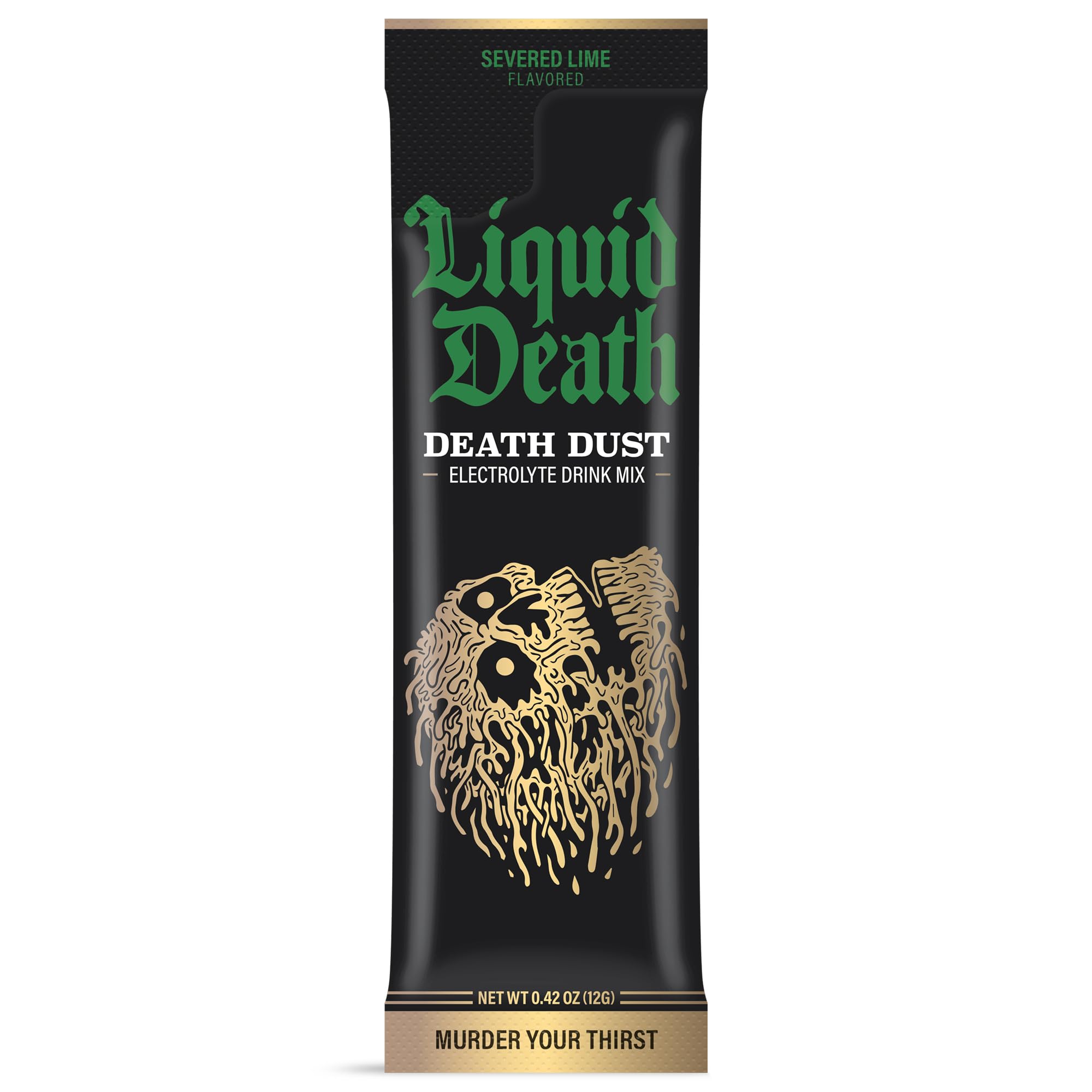 Liquid Death Severed Lime packaging highlights convenient electrolyte sticks for workouts.