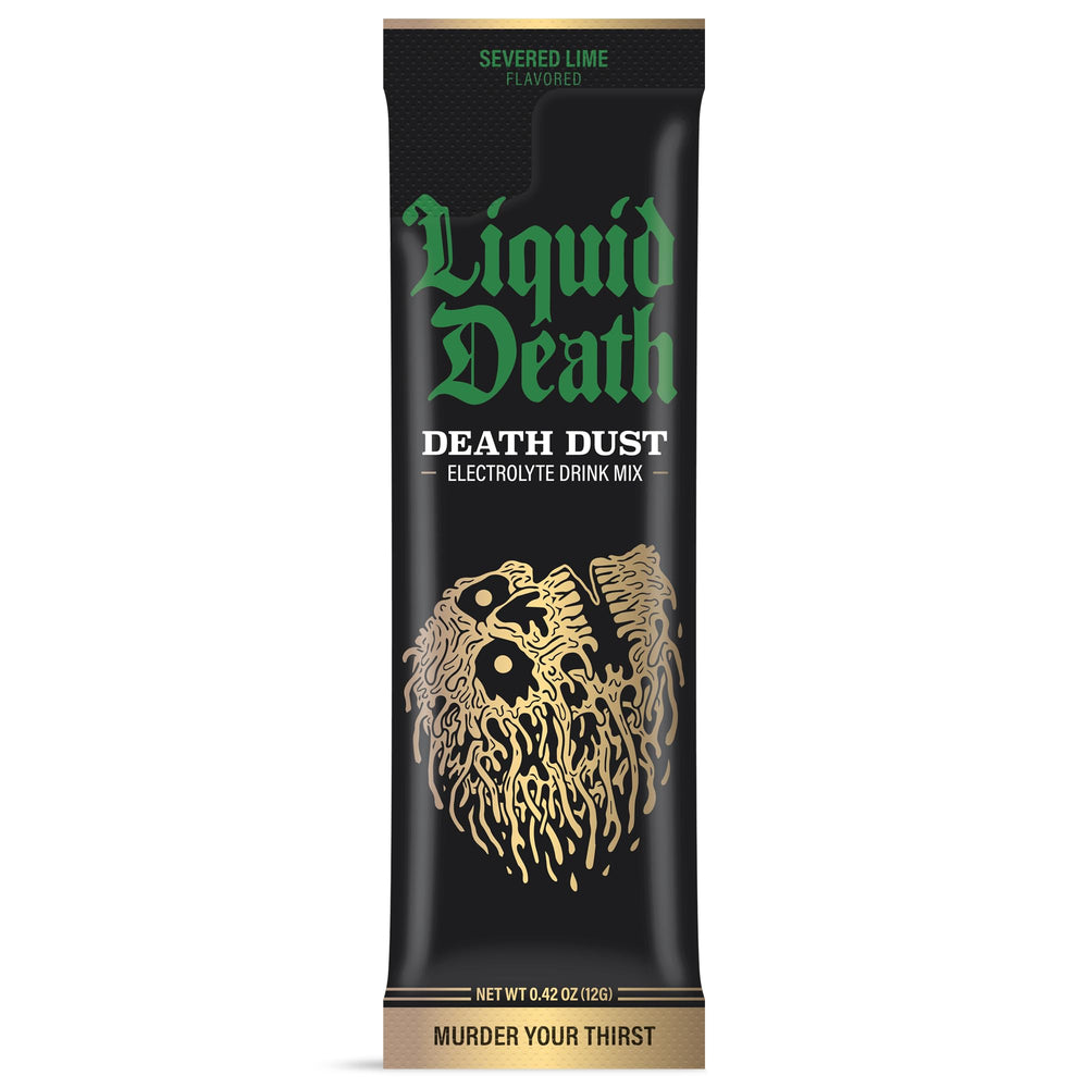 Liquid Death Severed Lime packaging highlights convenient electrolyte sticks for workouts.