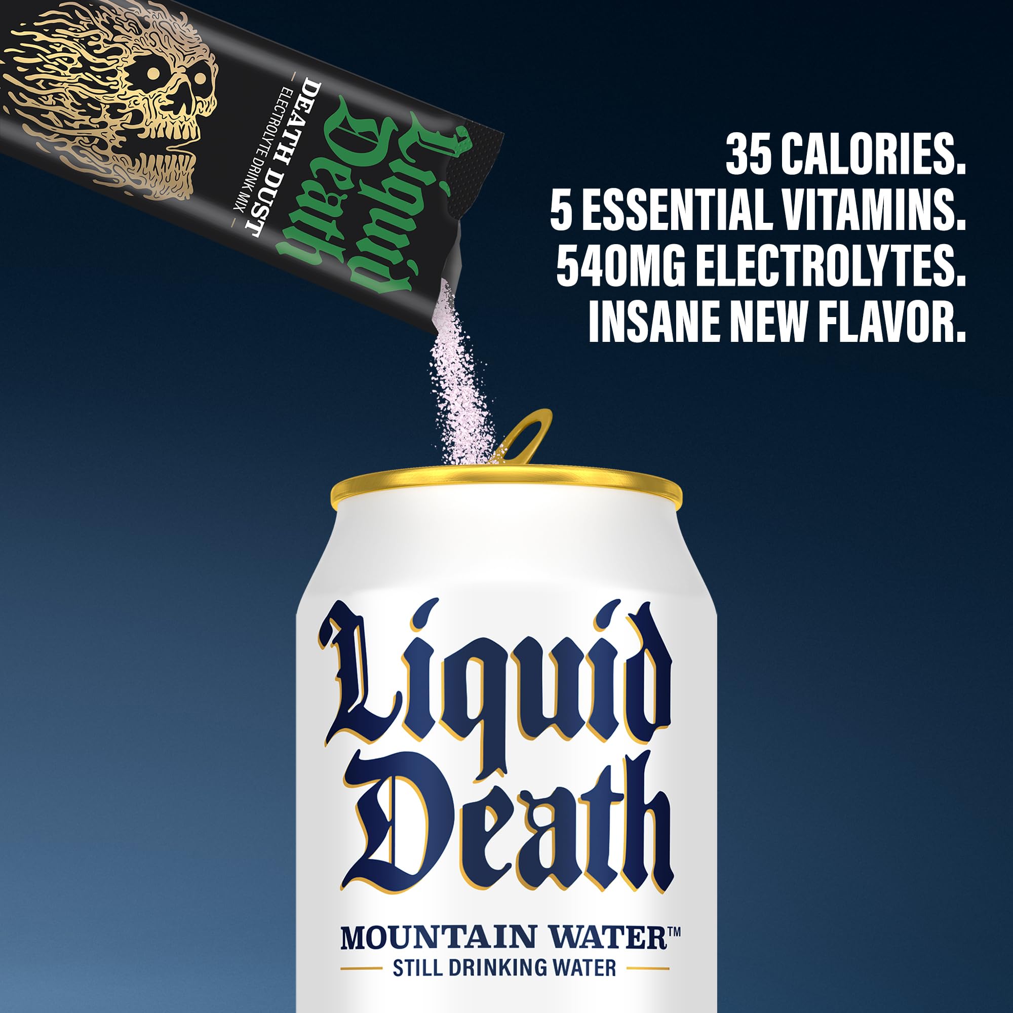 Liquid Death Severed Lime powder dissolves rapidly in water for electrolyte balance.