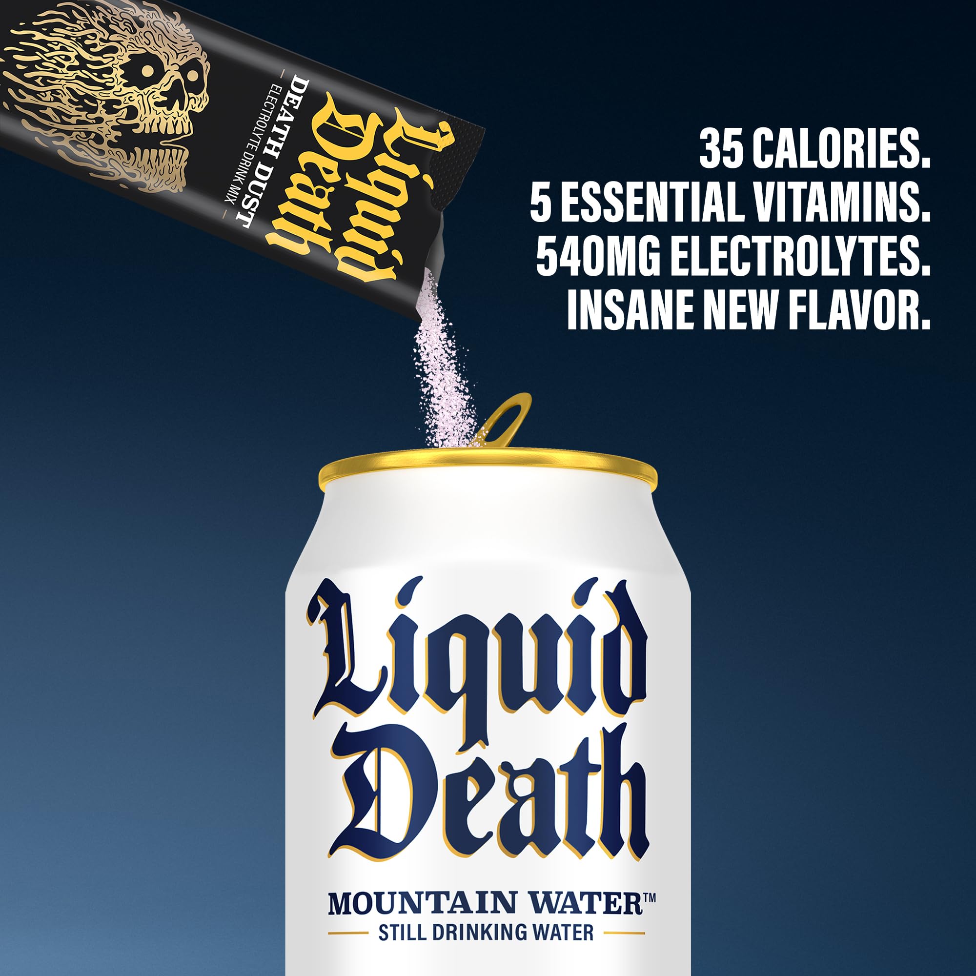 Liquid Death hydration powder being stirred in a bottle for mango flavor.