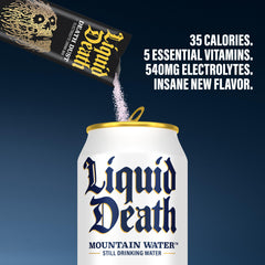 Liquid Death hydration powder being stirred in a bottle for mango flavor.