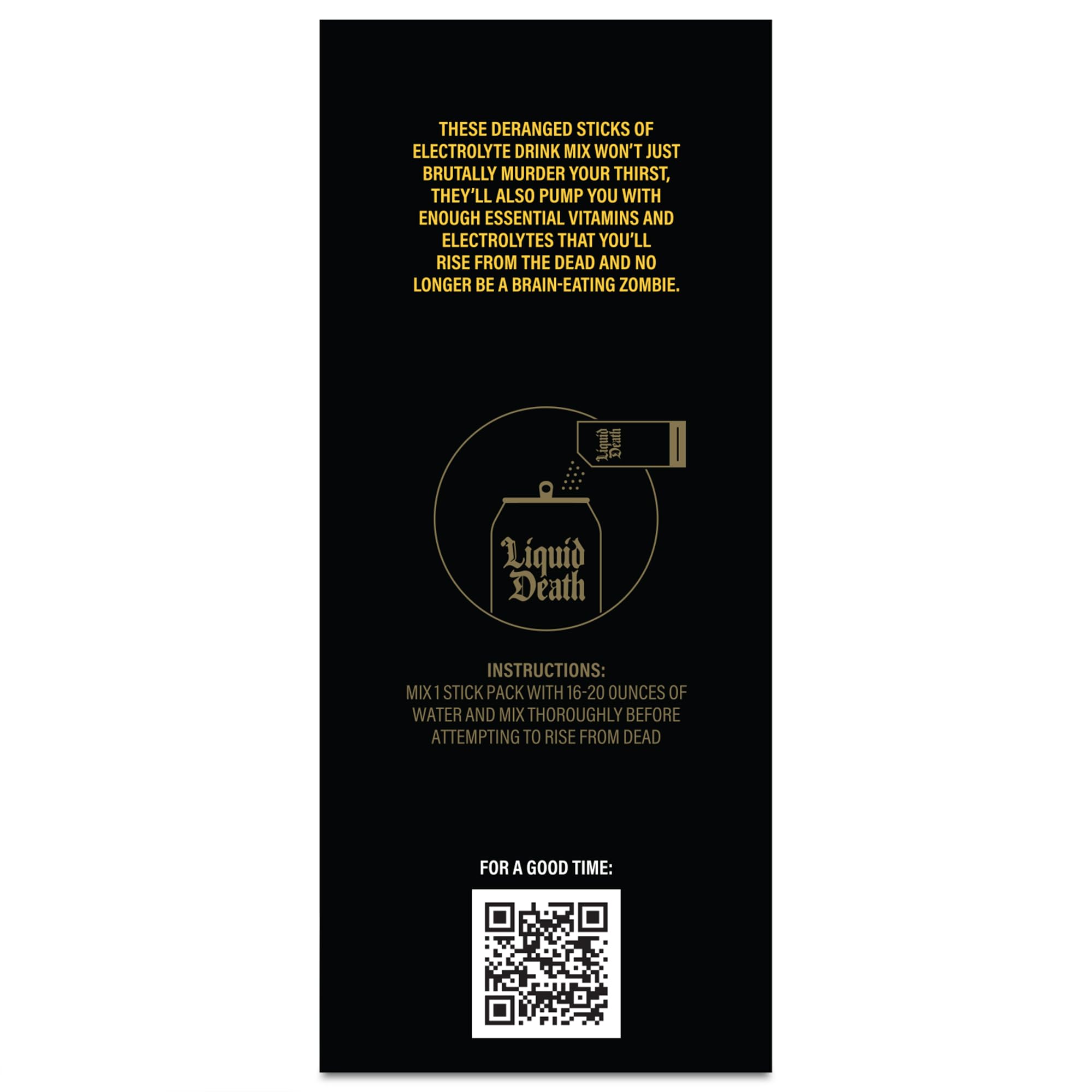 Liquid Death Mango Chainsaw packaging shown with a scoop for ready hydration.
