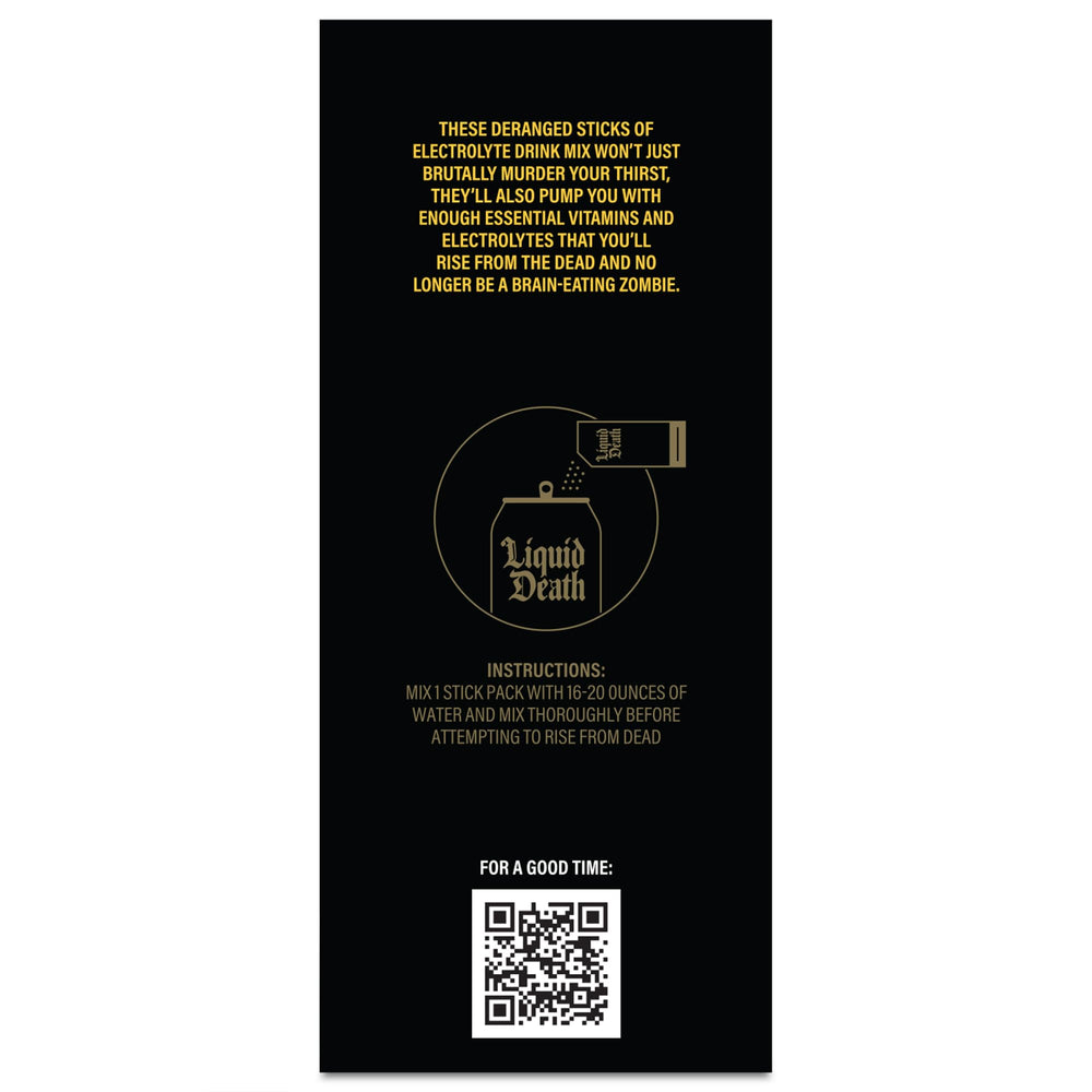 Liquid Death Mango Chainsaw packaging shown with a scoop for ready hydration.