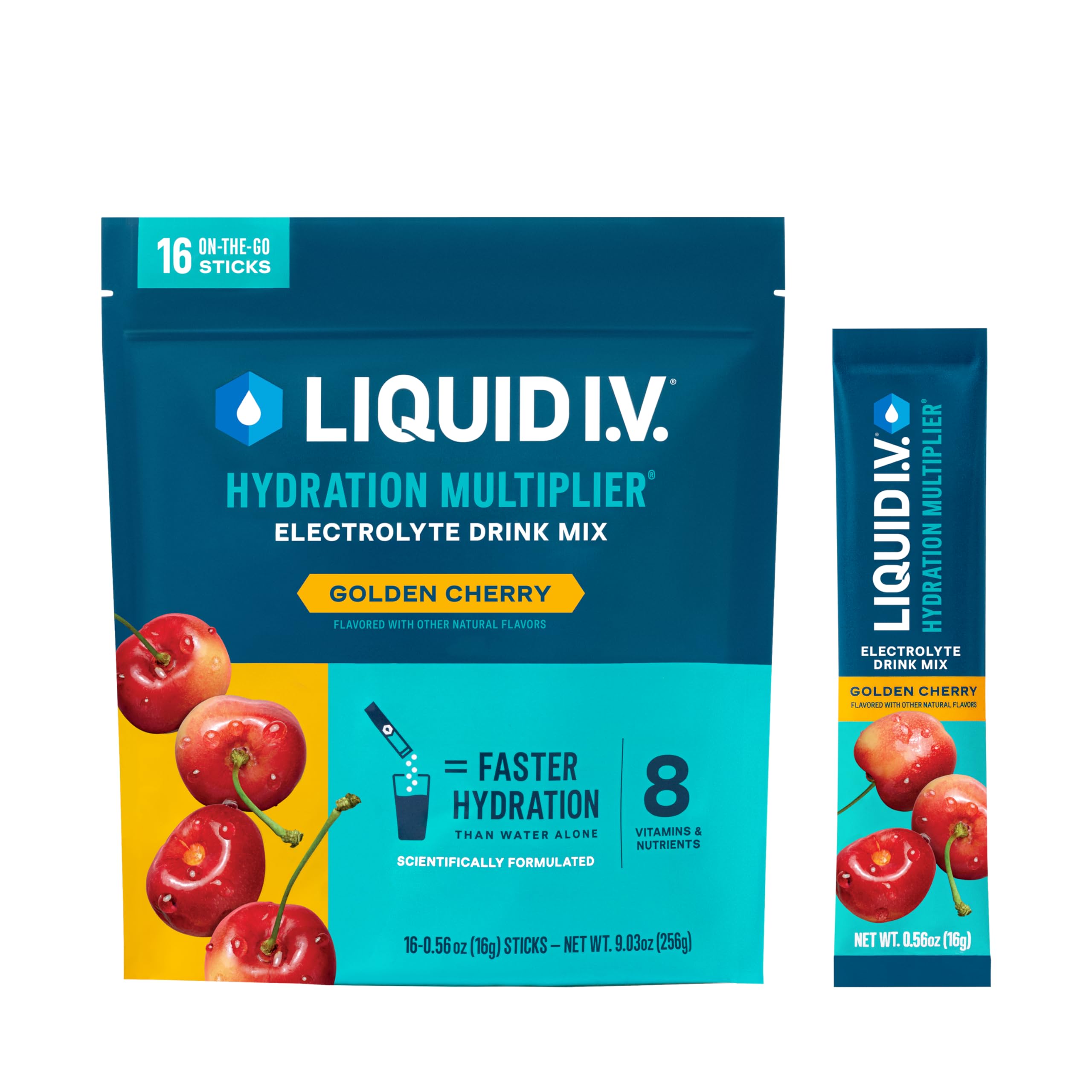 Liquid I.V. Golden Cherry bottle pour shows quick hydration in action