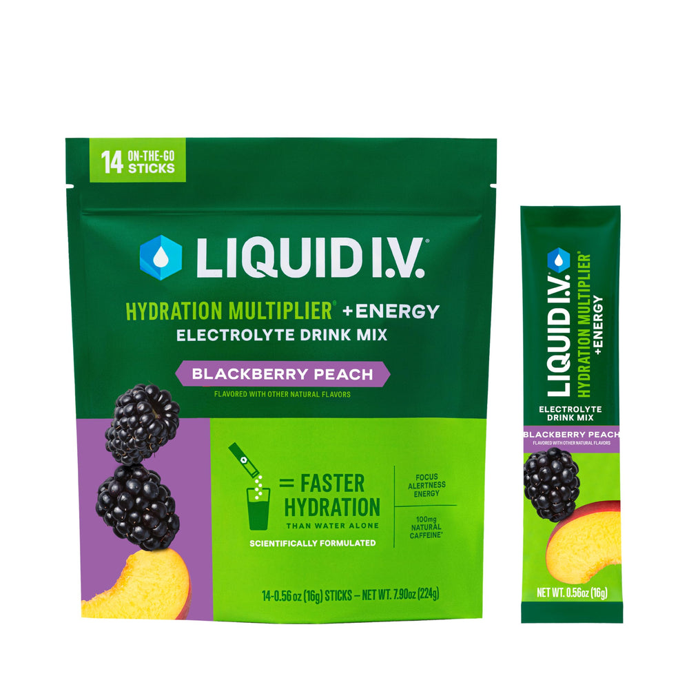 Liquid I.V. Hydration Multiplier Energy blackberry-peach sachet for on-the-go hydration boost.