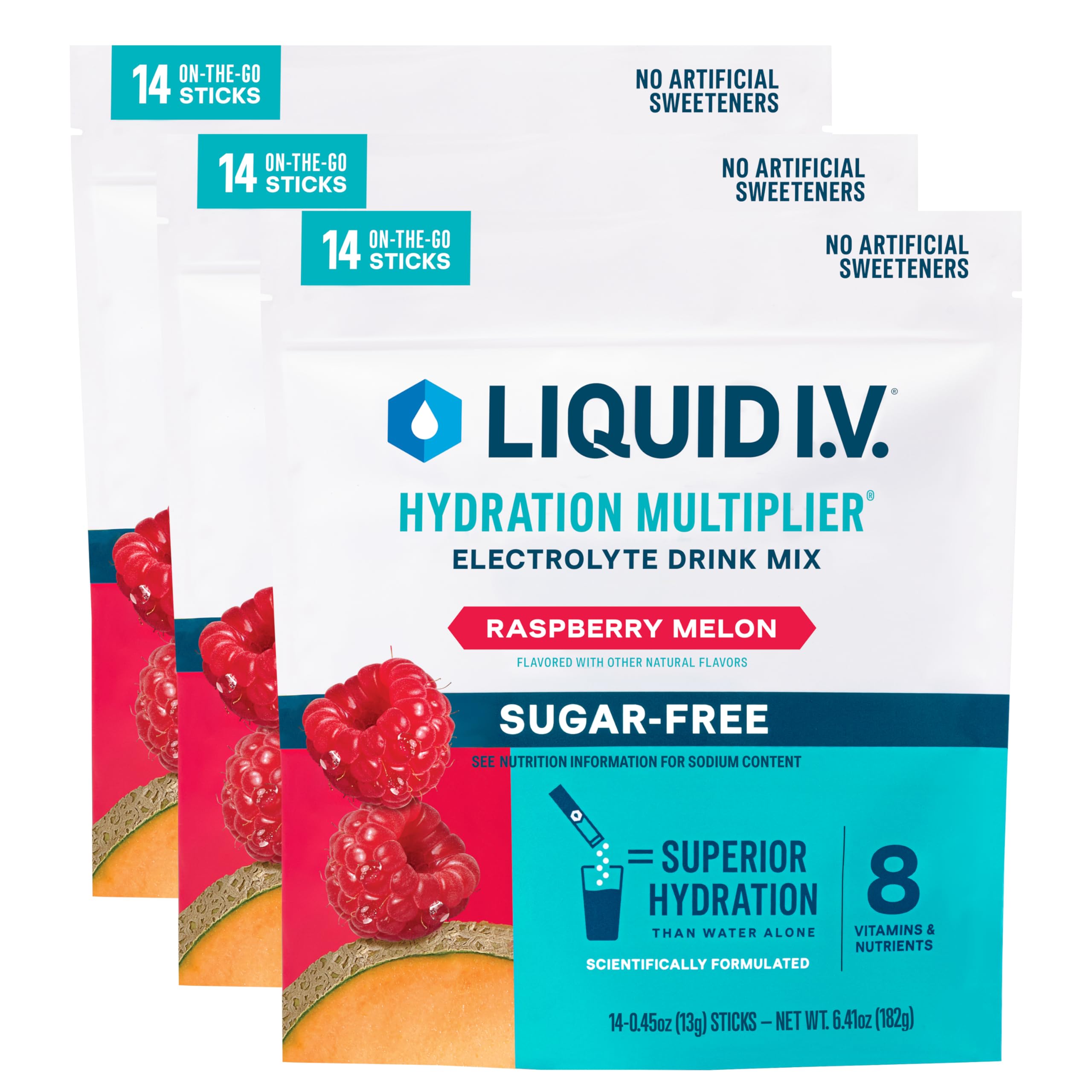 Liquid I.V. Raspberry Melon packet ready to pour for on-the-go hydration.