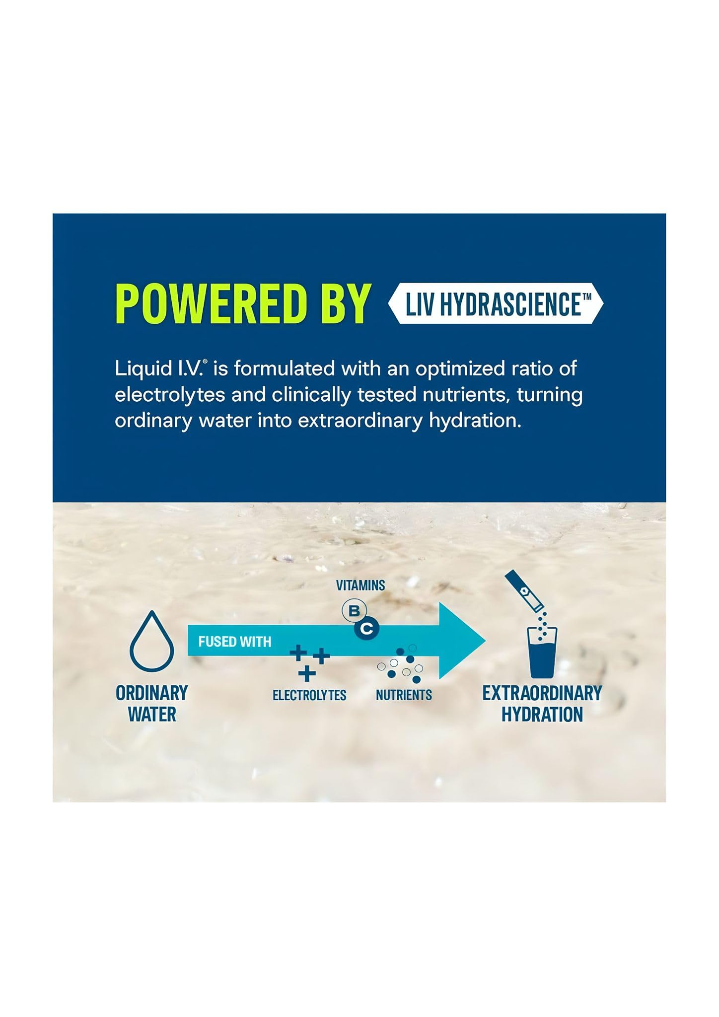 Liquid I.V. Eight vitamins per stick supports daily wellness.
