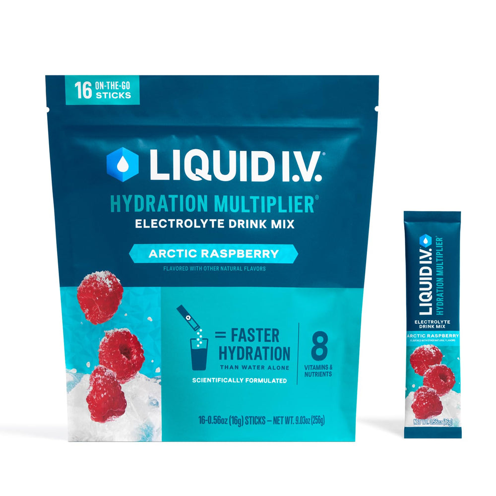 Liquid I.V. Arctic Raspberry hydration packet ready to mix for fast hydration on the go.
