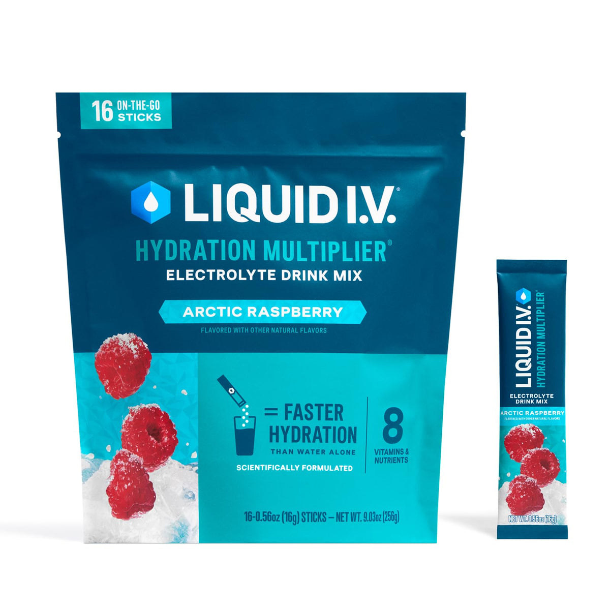 Liquid I.V. Arctic Raspberry hydration packet ready to mix for fast hydration on the go.