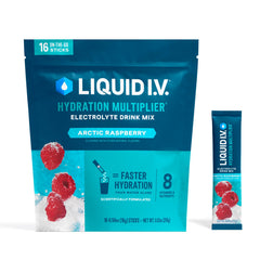 Liquid I.V. Arctic Raspberry hydration packet ready to mix for fast hydration on the go.