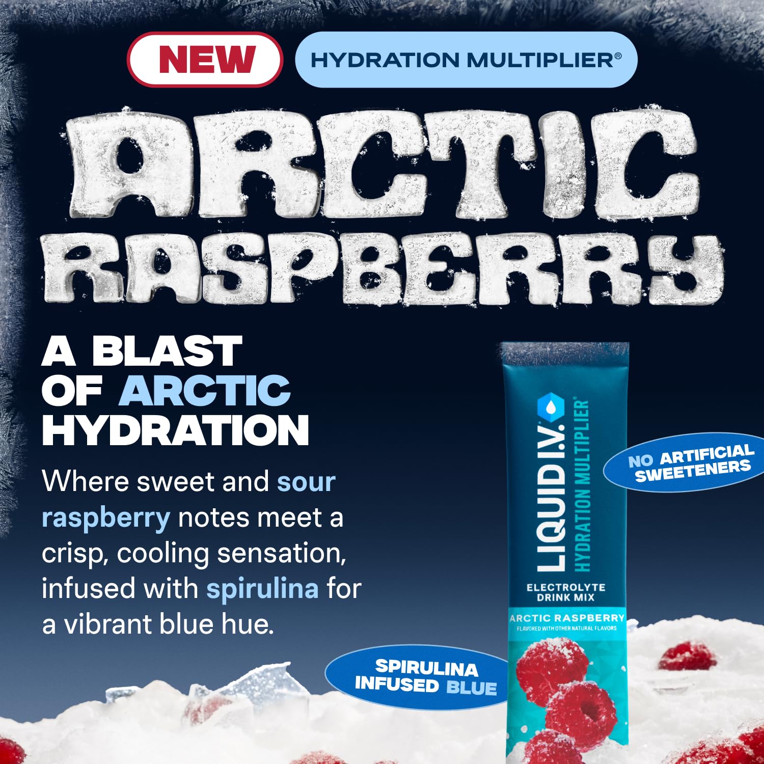 Liquid I.V. Arctic Raspberry powder being poured into a bottle for convenient electrolyte refreshment on the go.