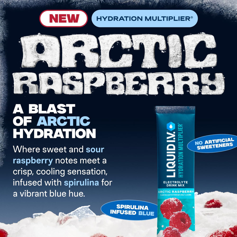 Liquid I.V. Arctic Raspberry powder being poured into a bottle for convenient electrolyte refreshment on the go.