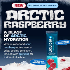 Liquid I.V. Arctic Raspberry powder being poured into a bottle for convenient electrolyte refreshment on the go.