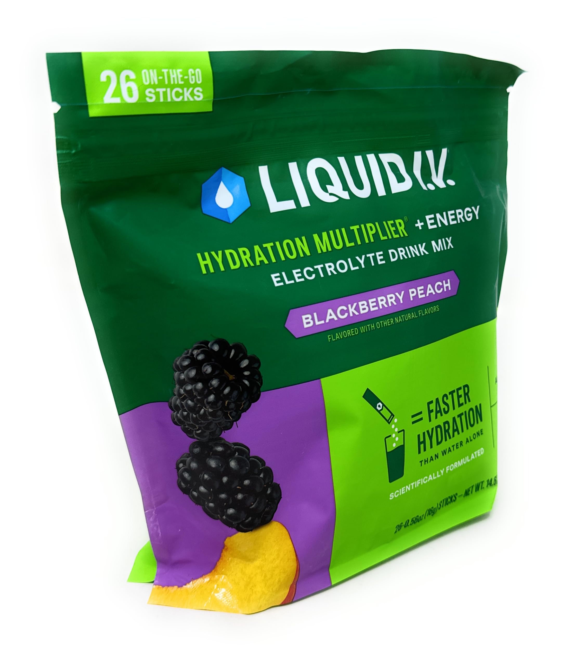 Liquid I.V. Energy Multiplier sticks close-up packaging showcases easy reseal and convenience.