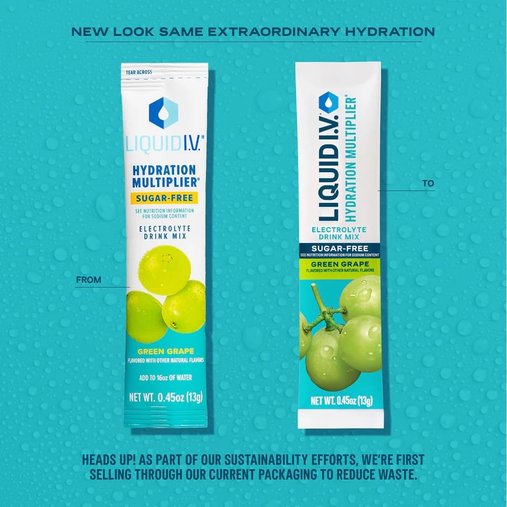 Liquid I.V. Green Grape powder stirred in water provides refreshing hydration.
