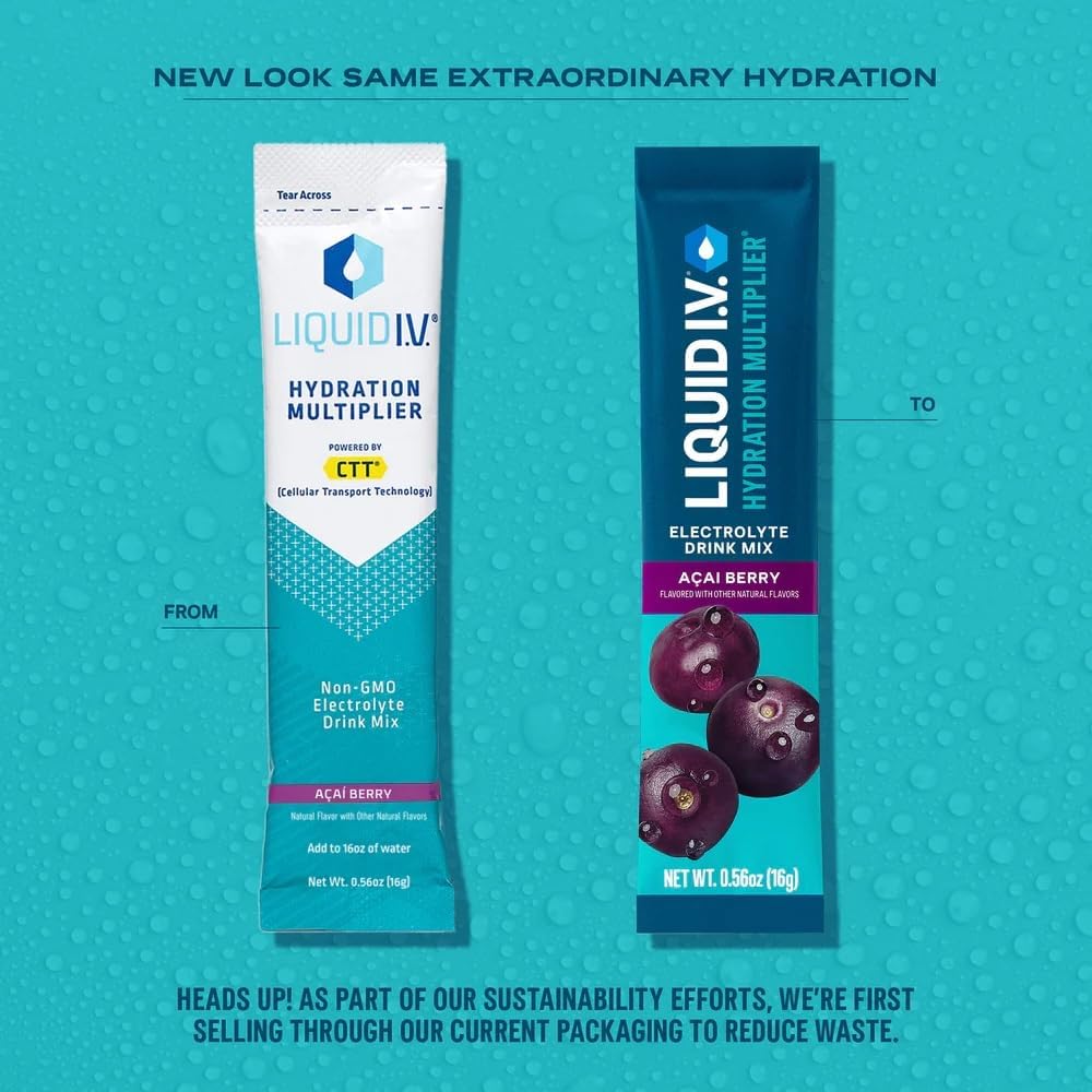 Pouring Liquid I.V. Hydration Multiplier Acai Berry into a glass of water.
