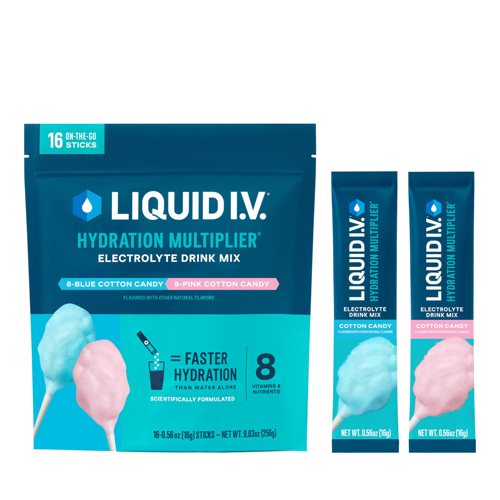 Liquid I.V. Hydration Multiplier Cotton Candy bottle pour for quick hydration on the go