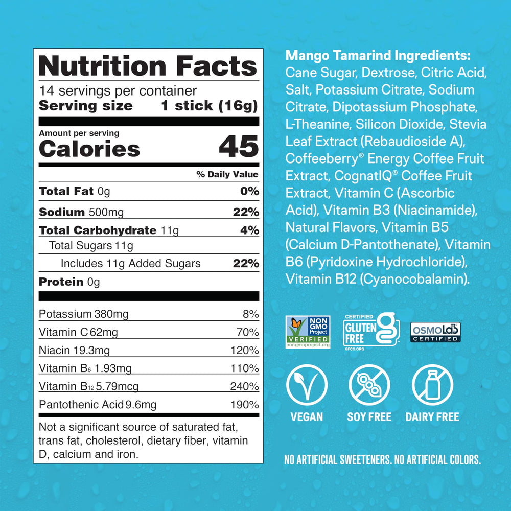 Liquid I.V. Hydration Multiplier Energy Mango Tamarind product packaging showcases mango-tamarind flavor.