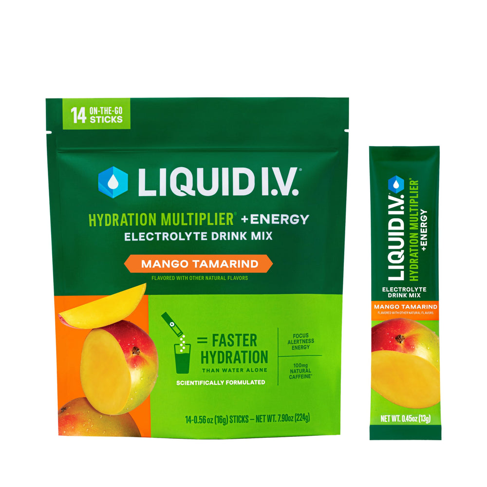 Liquid I.V. Hydration Multiplier Energy Mango Tamarind packet ready for on-the-go hydration.