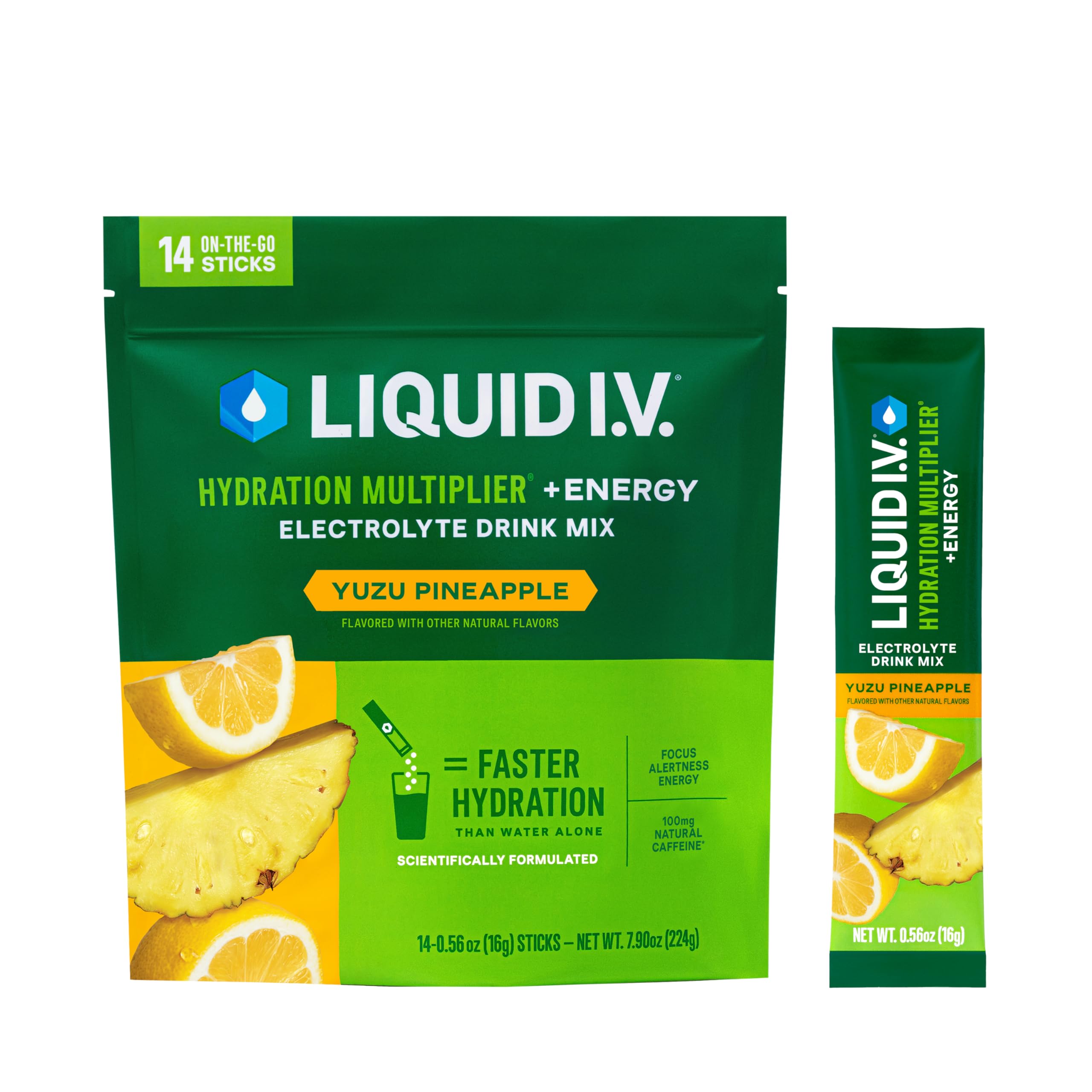 Liquid I.V. Hydration Multiplier + Energy Yuzu Pineapple packet ready for on-the-go hydration