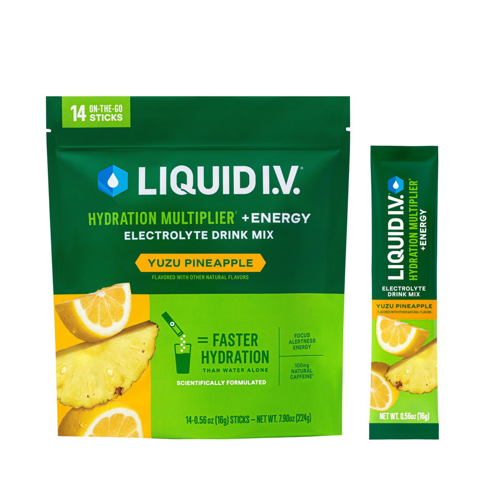 Liquid I.V. Hydration Multiplier + Energy Yuzu Pineapple packet ready for on-the-go hydration