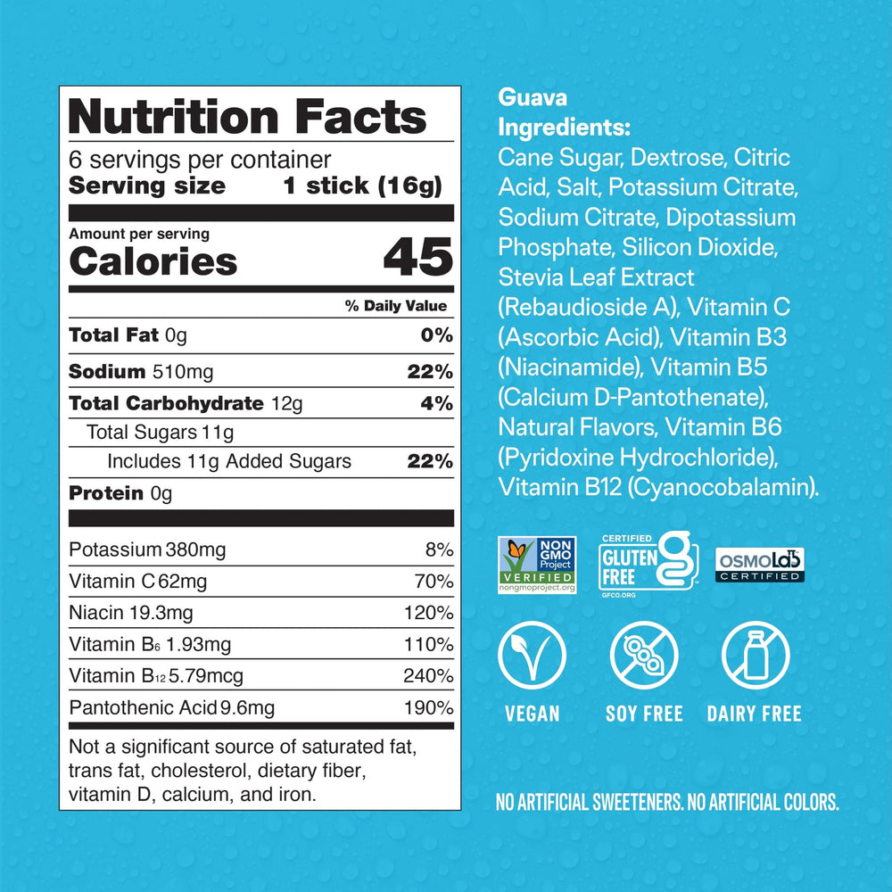 Liquid I.V. Hydration Multiplier Guava ingredients label highlighting free-from formulation