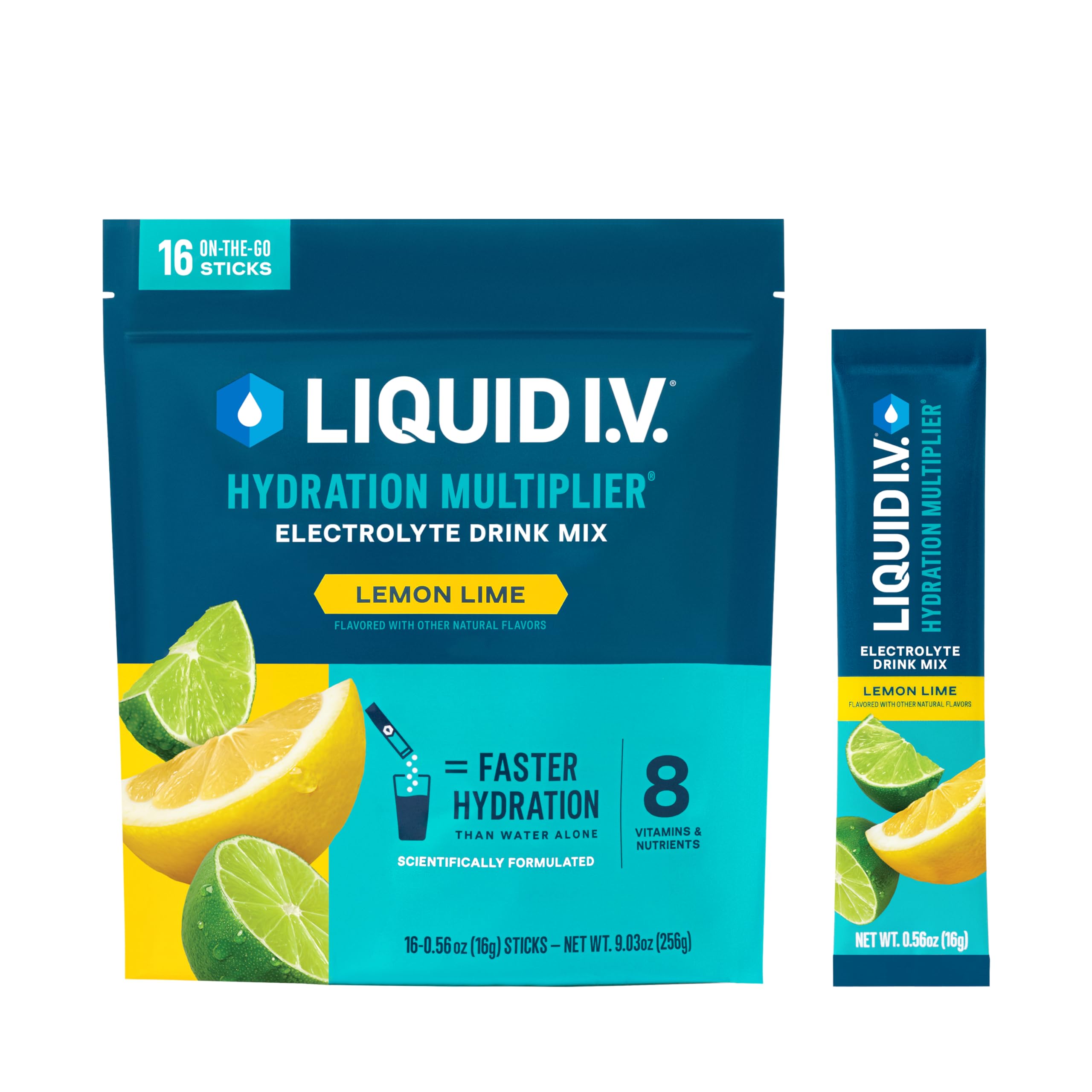 Liquid I.V. Hydration Multiplier Lemon Lime pack dissolves quickly for on-the-go hydration.