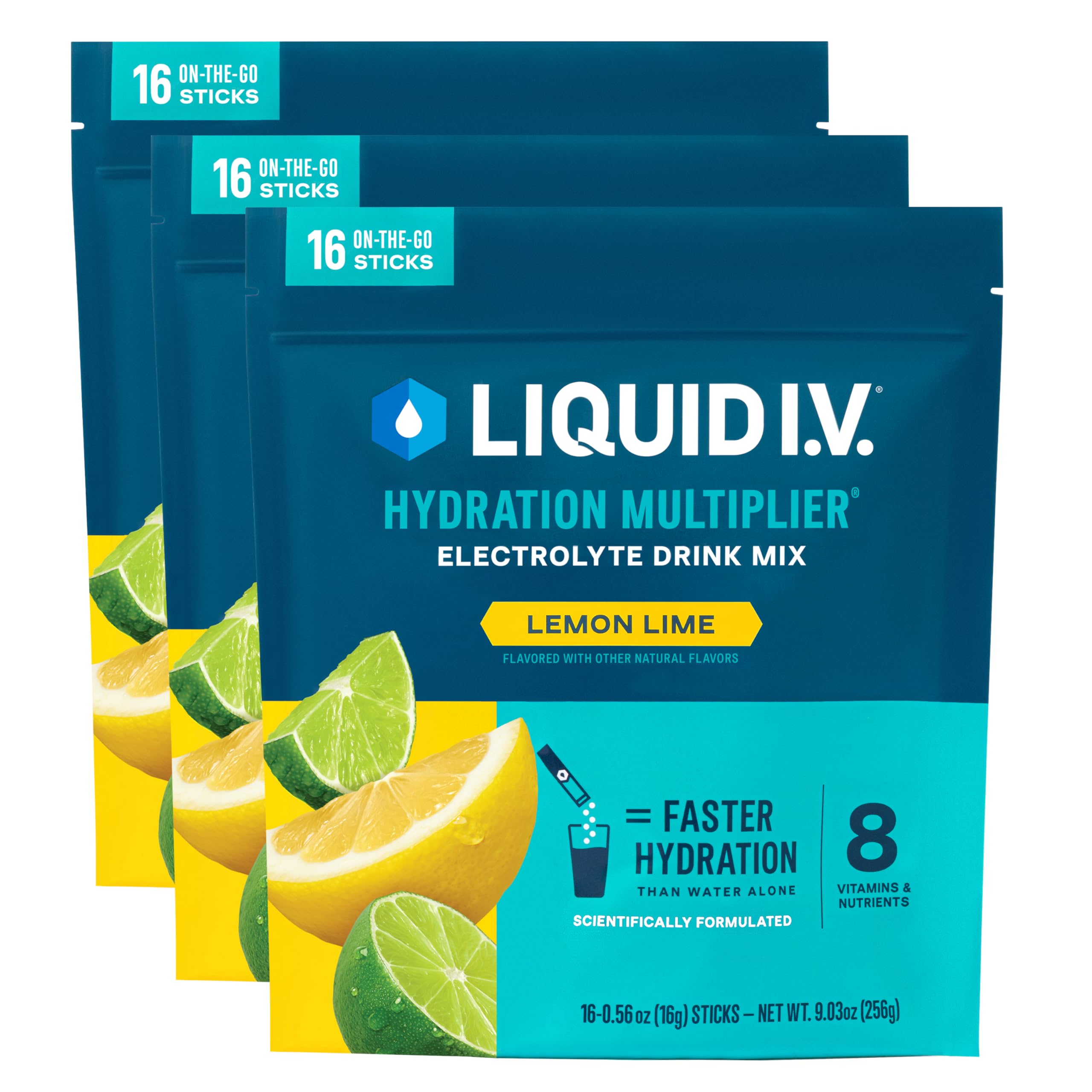 Liquid I.V. Hydration Multiplier Lemon Lime packet ready to mix for quick hydration.