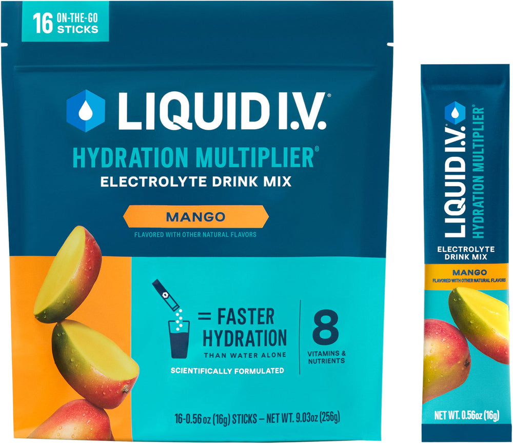 Liquid I.V. Hydration Multiplier Mango packaging for convenient on-the-go hydration