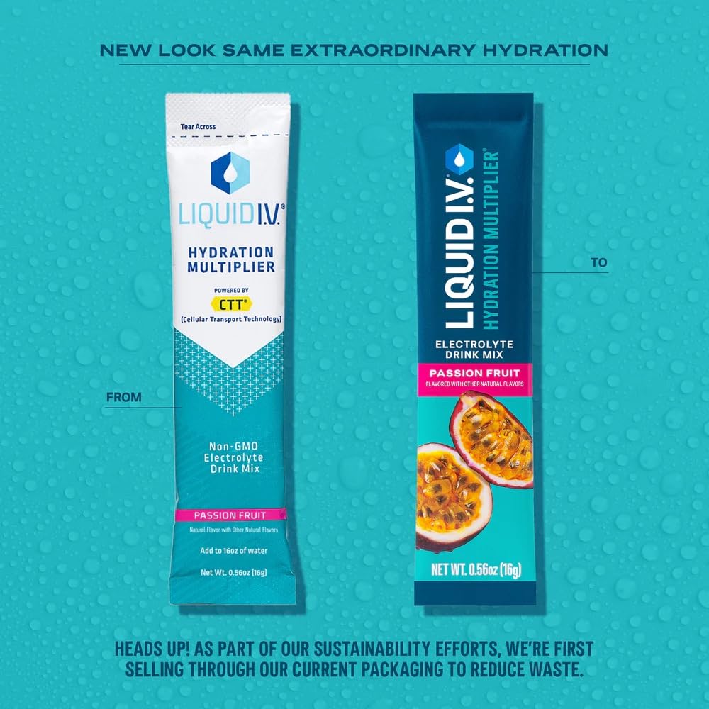 Close-up of Liquid I.V. Hydration Multiplier packets showing flavor and electrolytes.