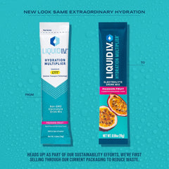 Close-up of Liquid I.V. Hydration Multiplier packets showing flavor and electrolytes.