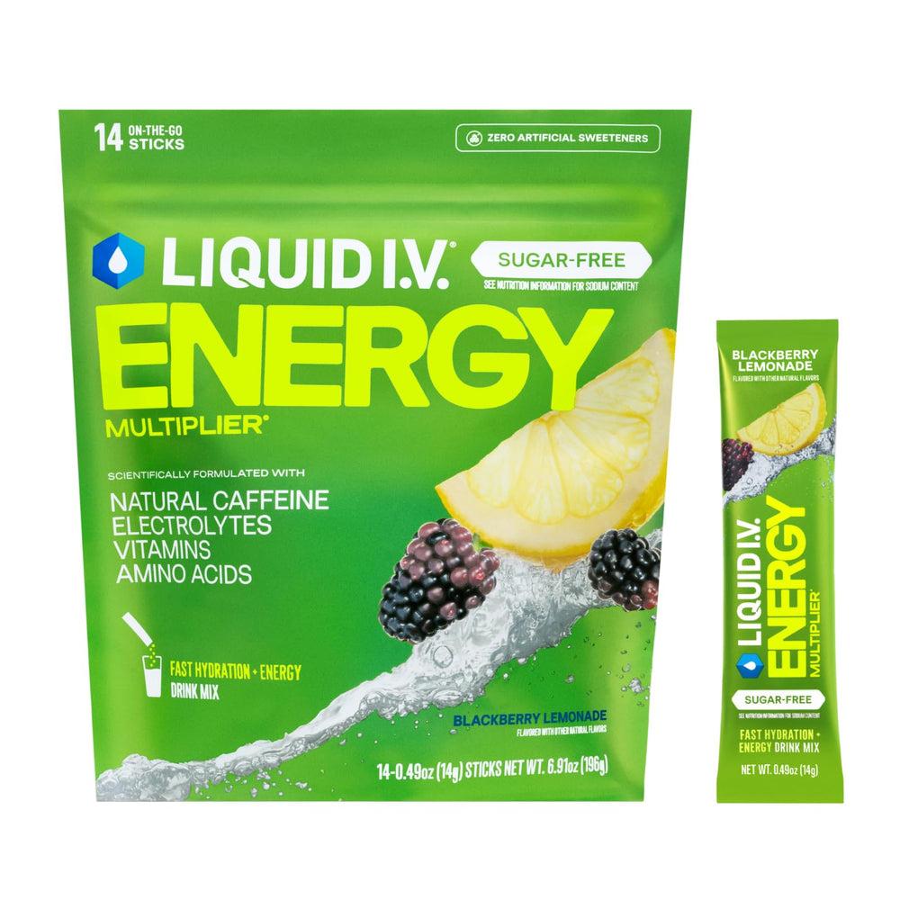 Liquid I.V. Hydration Multiplier Sugar-Free Energy Blackberry Lemonade packet for on-the-go hydration