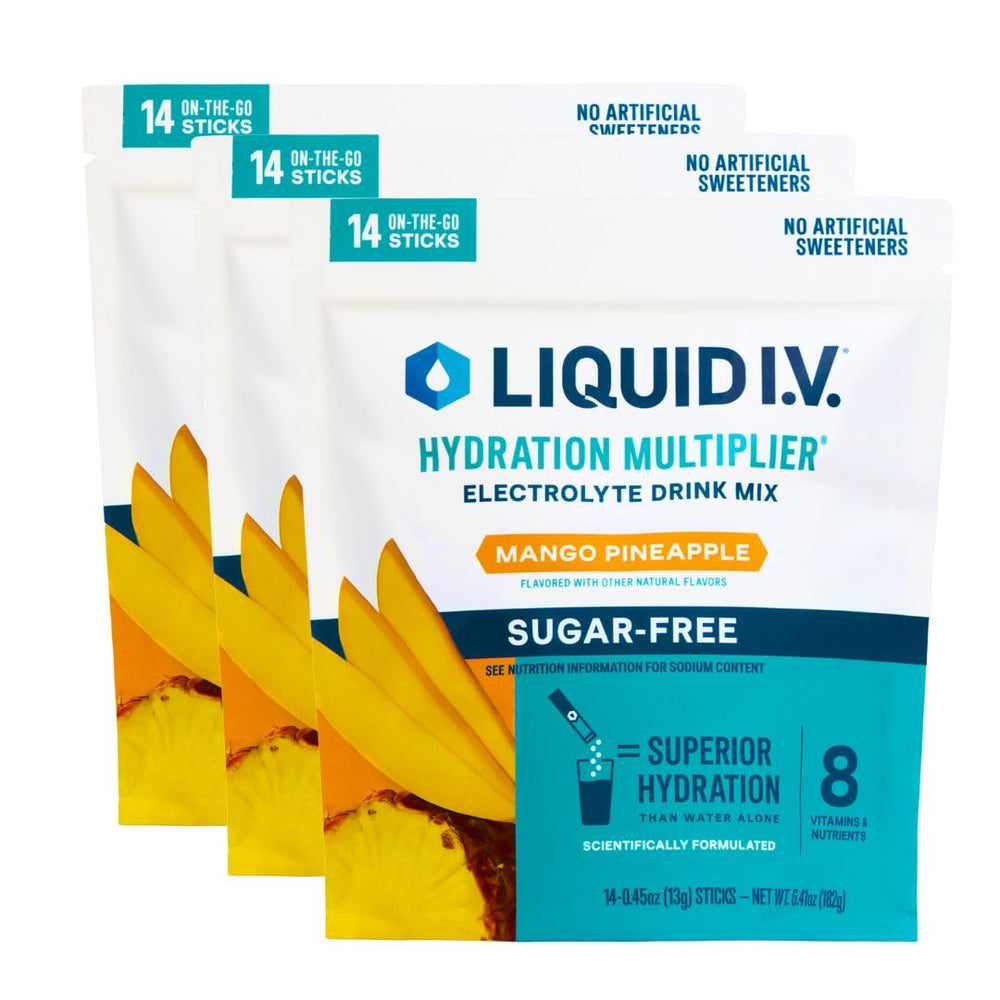 Liquid I.V. Hydration Multiplier Sugar-Free Mango Pineapple packaging for easy on-the-go hydration.