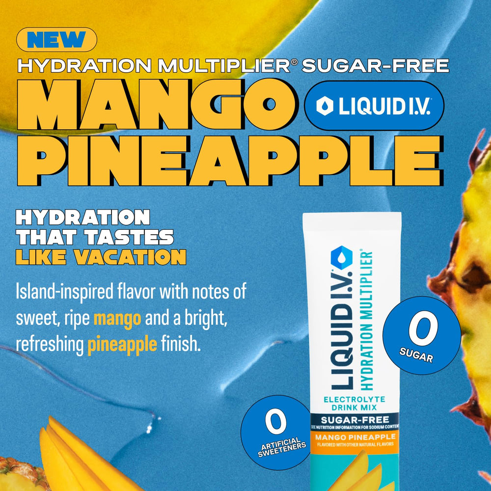 Liquid I.V. Hydration Multiplier Sugar-Free Mango Pineapple packets ready to mix.